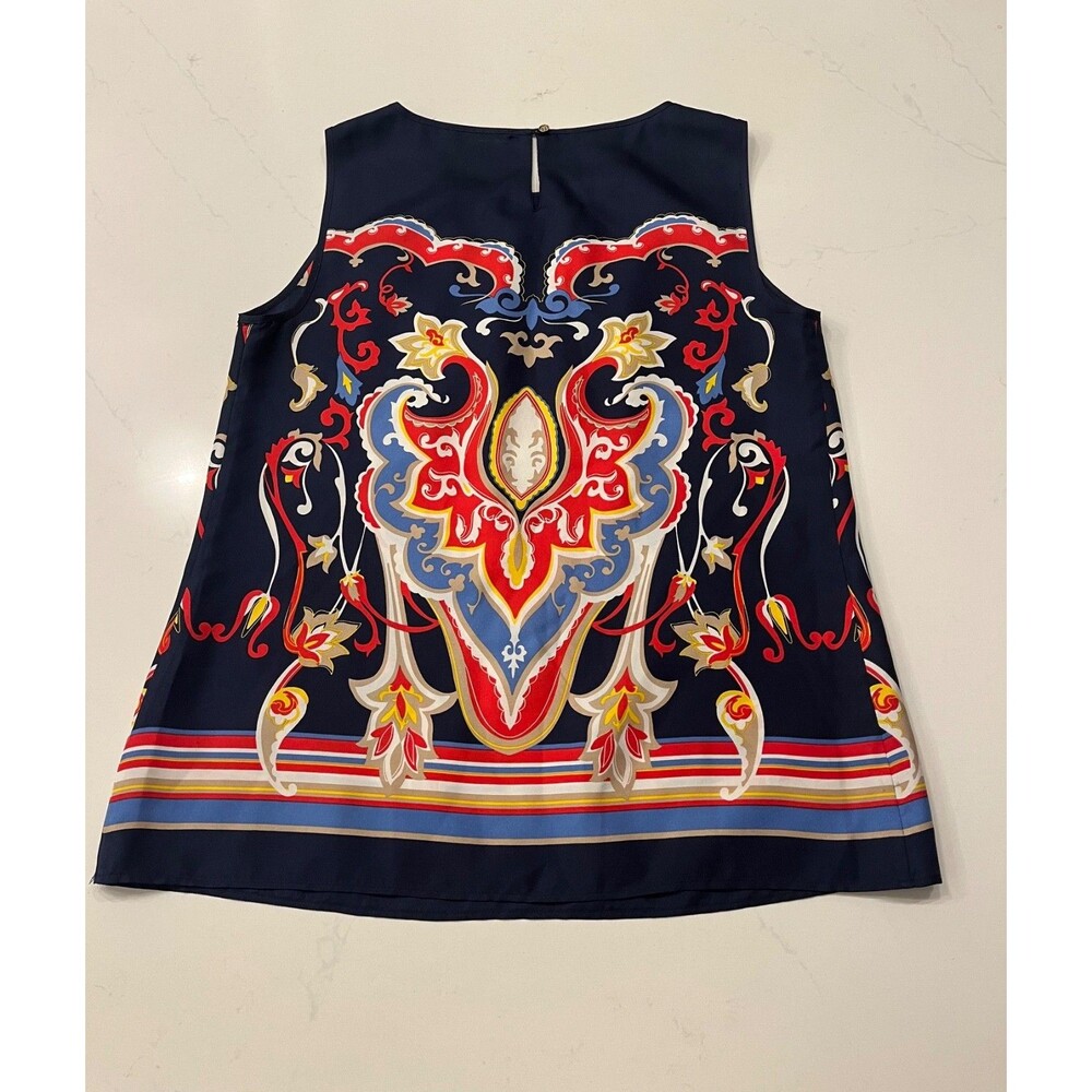 TALBOTS 100% Silk Sleeveless Multicolor Print Pleated Neck Blouse Top Size 2 - Picture 3 of 7